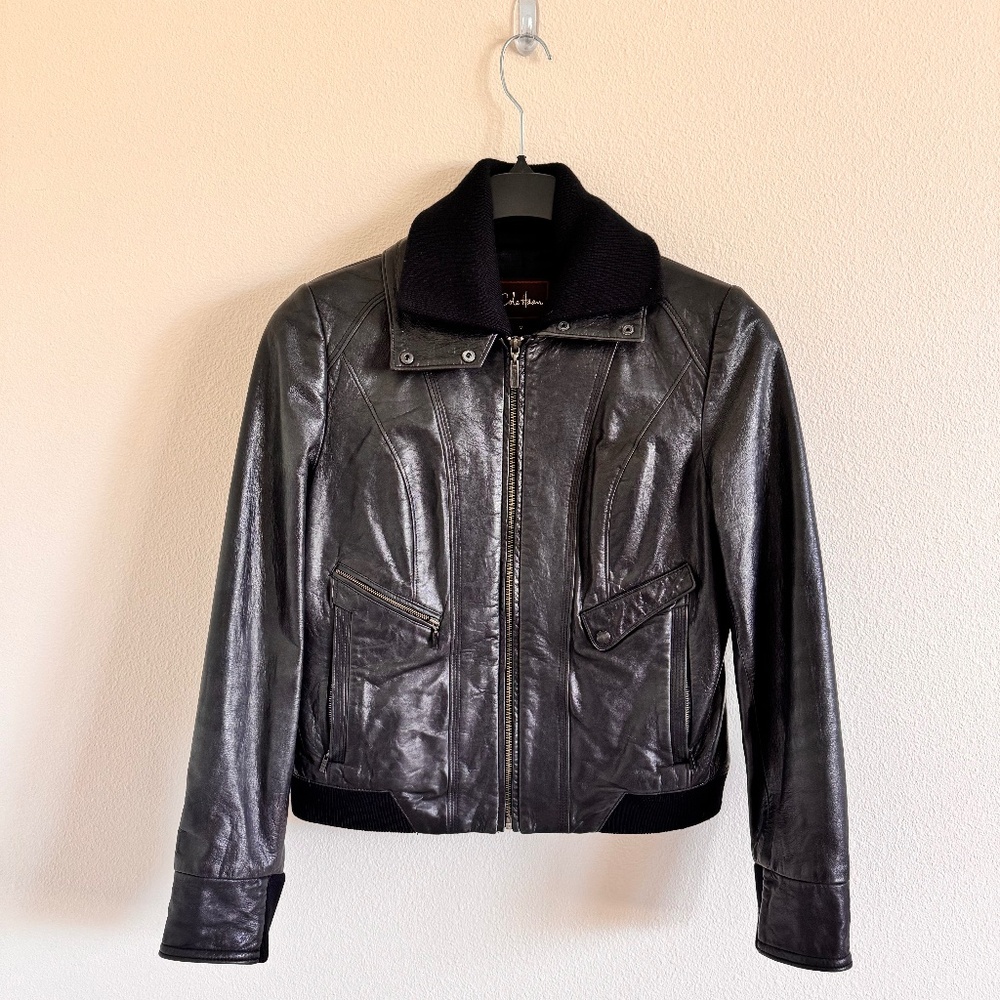 Cole Haan Lambskin Leather Jacket Black Moto Wool Removable Collar M Medium Zip